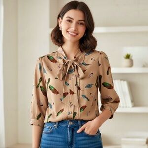 Feather Print Blouse with Bow Tie